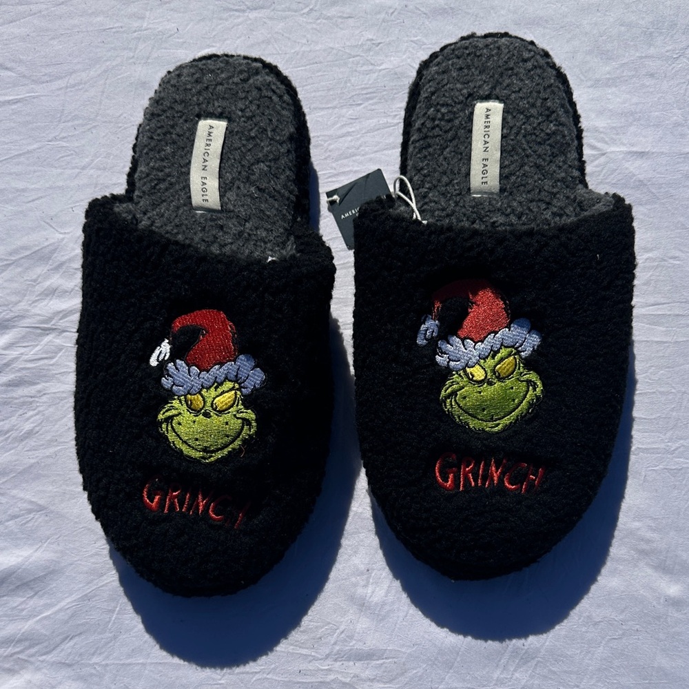 Black Grinch Slippers with Red and Green Embroidery